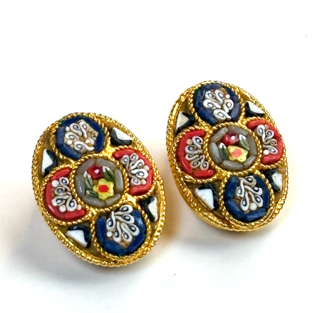 Vintage Italian Glass Micro Mosaic Oval Gold Tone Clip-on Earrings 1950’s Estate